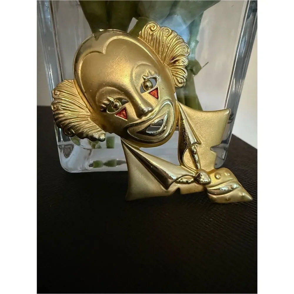 Vintage Gold Clown Face Brooch Statement Women Jewelry Art Unique Pin
